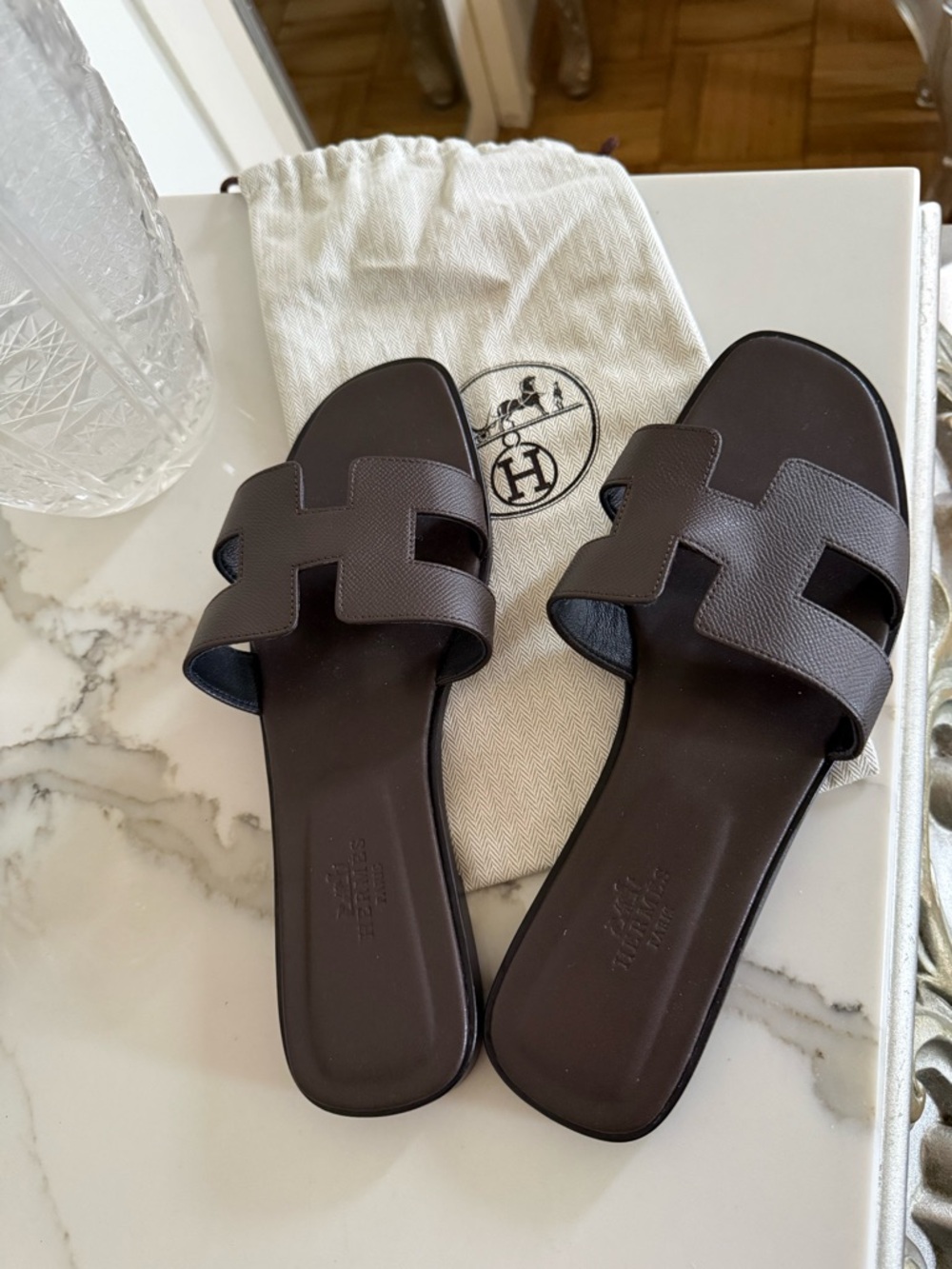Hermes Brown Oran H-strap Slide Sandals